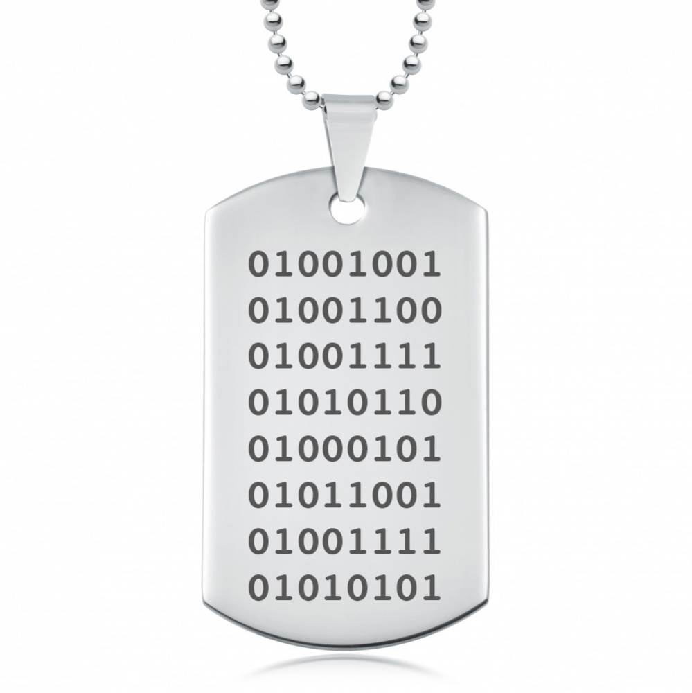 Binary Code Dog Tag Necklace, Personalised with your words in Binary