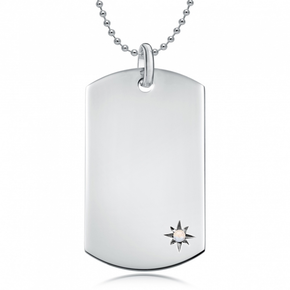 June Birthstone Dog Tag Necklace, Personalised Engraving, Sterling Silver, Pearl