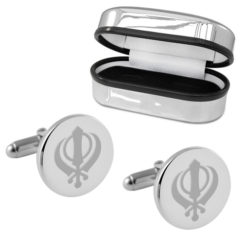 Khanda Symbol Round Sterling Silver Cufflinks (can be personalised)