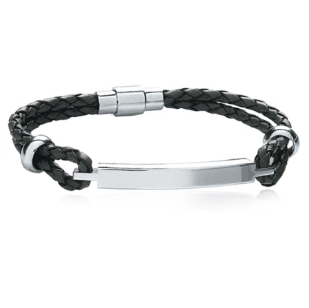 Mens ID Bracelet, Personalised, Black Leather, 8.25 inches (21cm)
