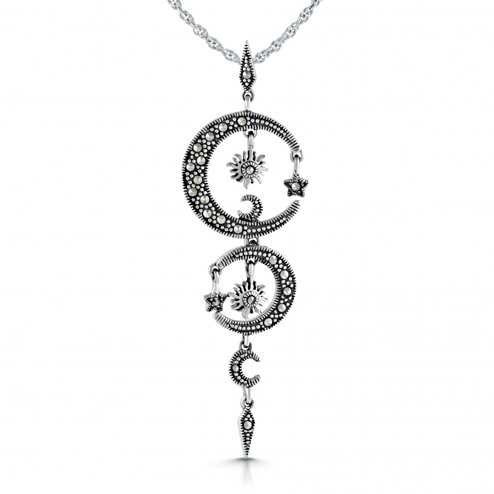 Star, Moon and Universe Necklace, Marcasite & Sterling Silver