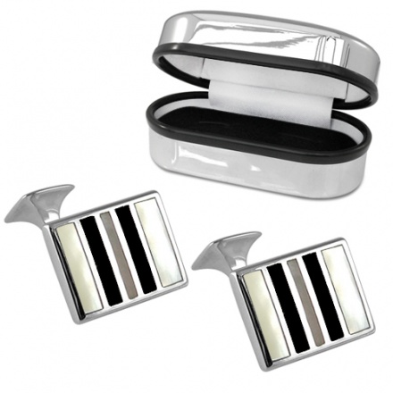 Mother of Pearl & Onyx Striped Sterling Silver Cufflinks (can be personalised)