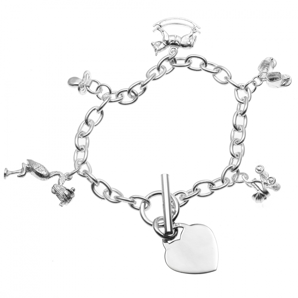 New Baby (New Mum) Charm Bracelet with Heart - 925 Sterling Silver Personalised