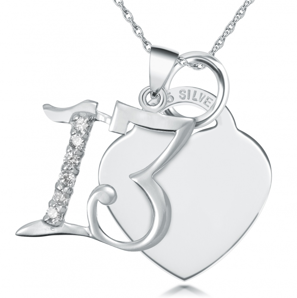 13th Birthday Heart with Cubic Zirconia Number 13 Necklace (can be personalised)