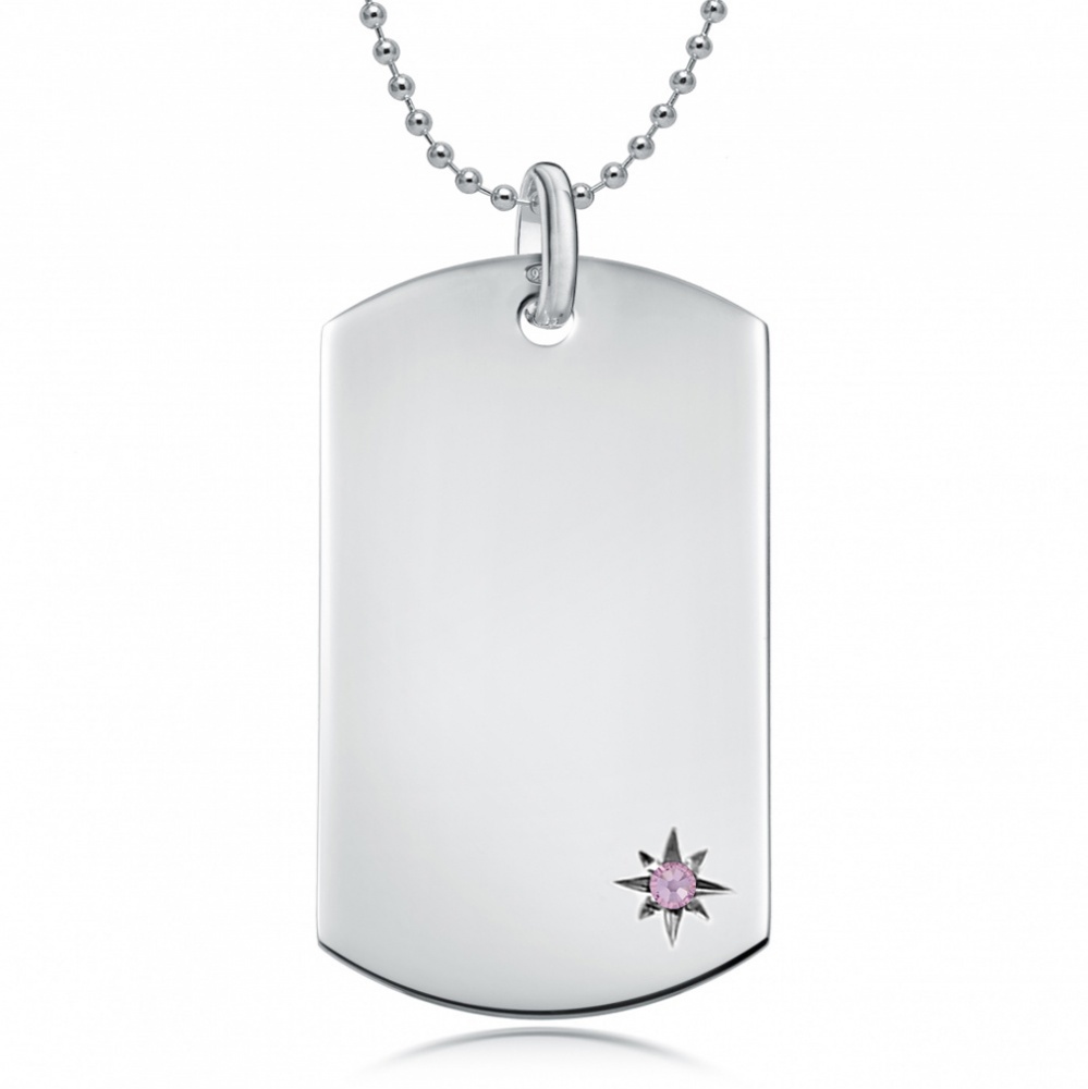 October Birthstone Dog Tag Necklace, Personalised Engraving, Sterling Silver, Tourmaline