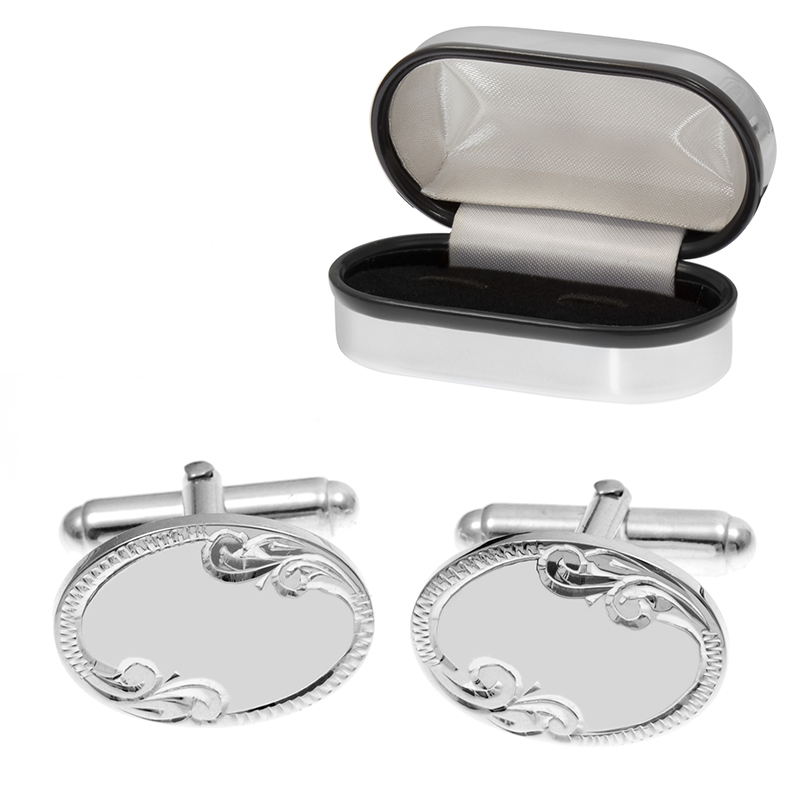 Oval Engraved Border Cufflinks, 925 Sterling Silver (can be personalised)