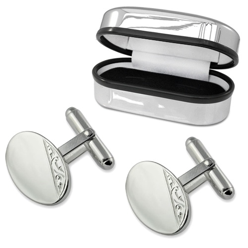 Oval Half Engraved Cufflinks Sterling Silver Plated (can be personalised)