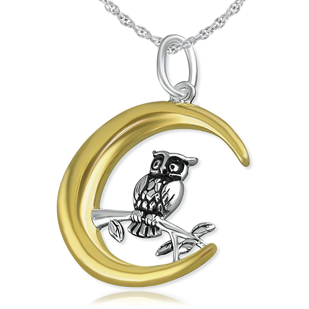 Owl in the Moon Necklace, 925 Sterling Silver with Gold Plating