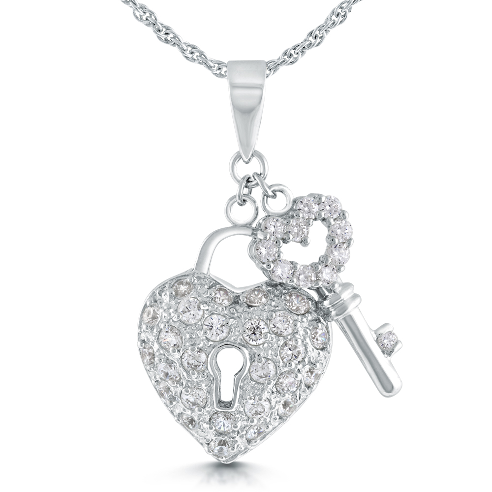 Padlock and Key Necklace, Cubic Zirconia & Sterling Silver
