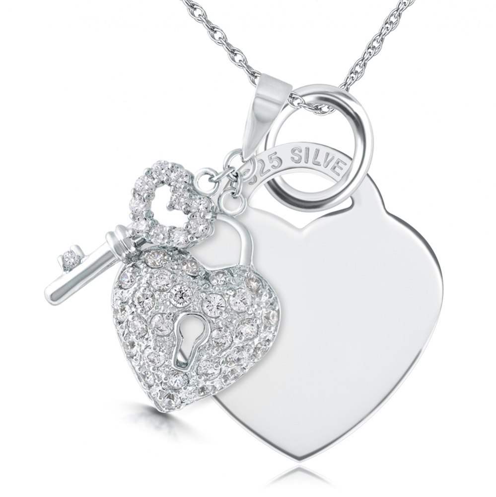 Cubic Zirconia Padlock and Key Sterling Silver Heart Necklace (can be personalised)