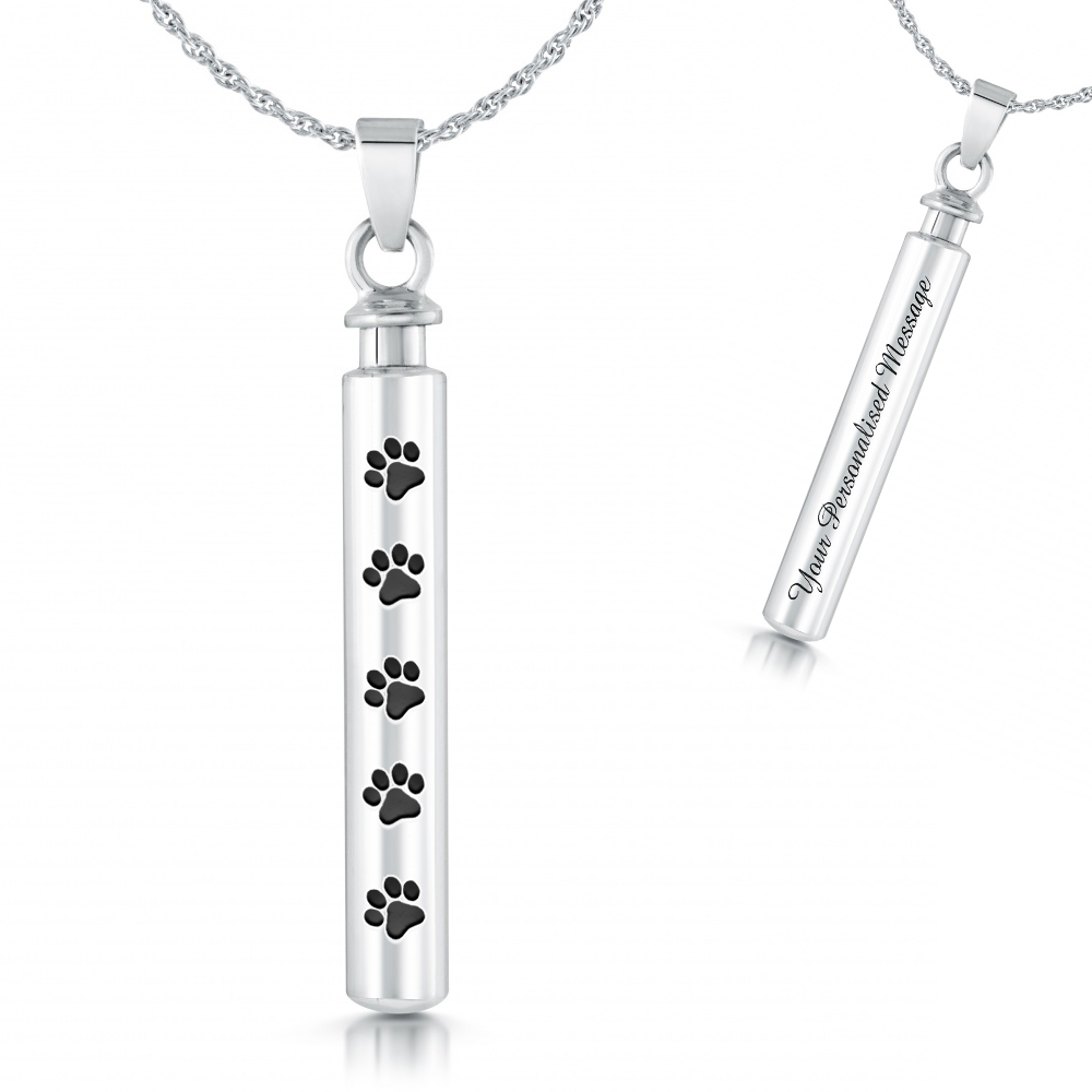 Personalised Paw Prints Ashes Cremation Necklace, 925 Sterling Silver