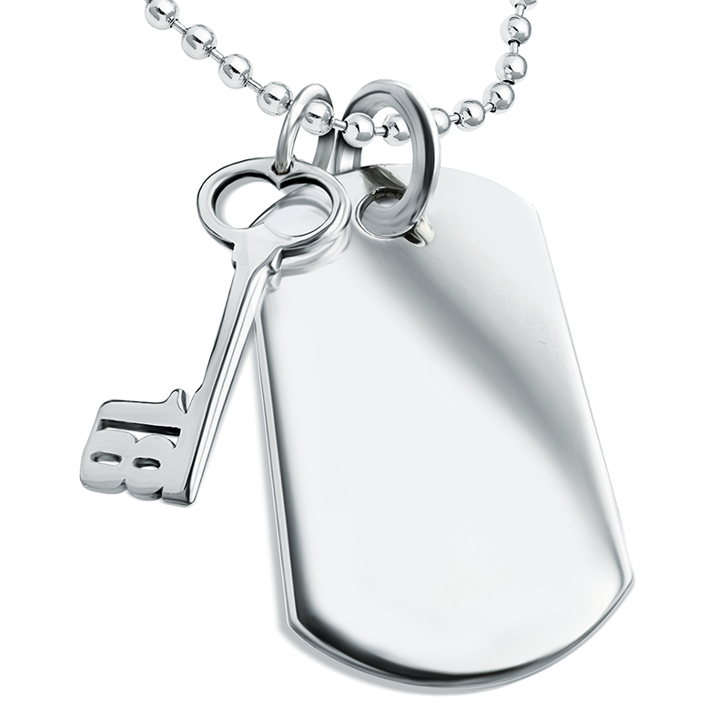 18th Birthday Dog Tag with Key, Personalised, Sterling Silver