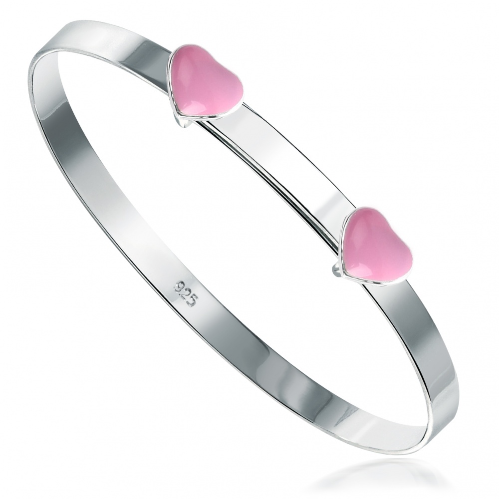 Pink Hearts Babies Bangle, Sterling Silver (Engraving Available)