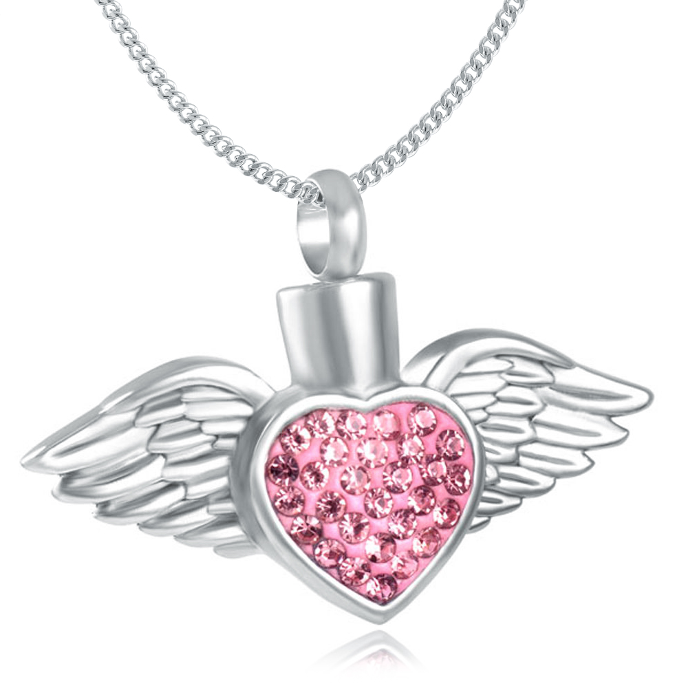 Winged Heart Pink Ashes Necklace, Personalised, Cubic Zirconia