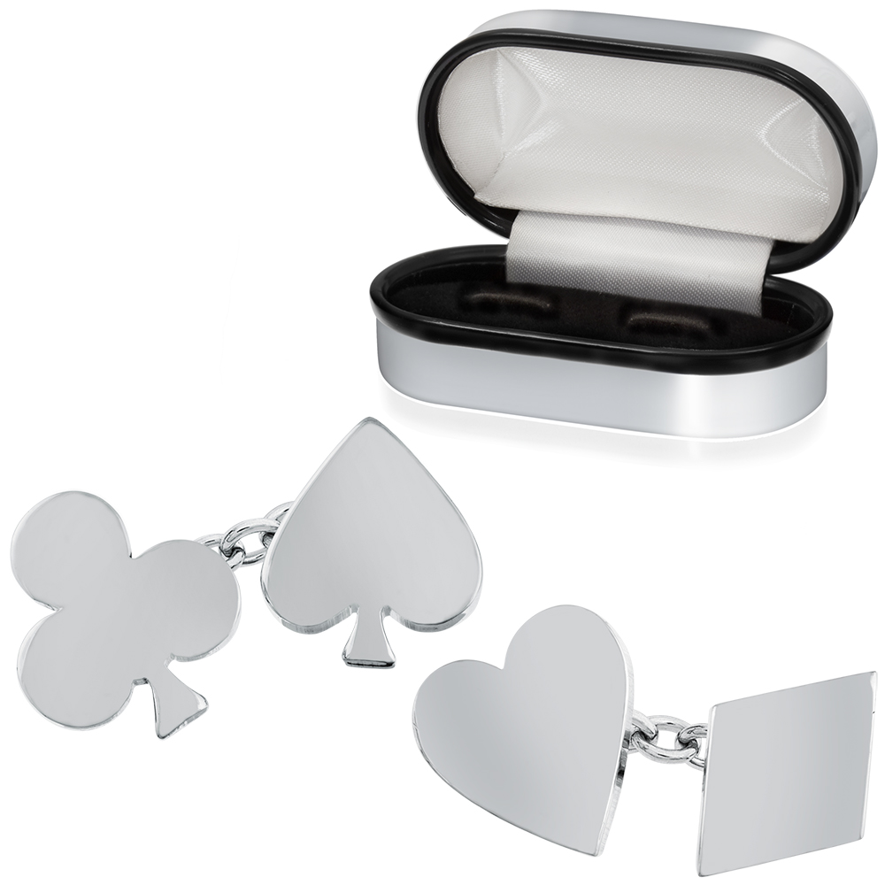 Playing Cards Suits Cufflinks, Personalised, Sterling Silver, Hallmarked