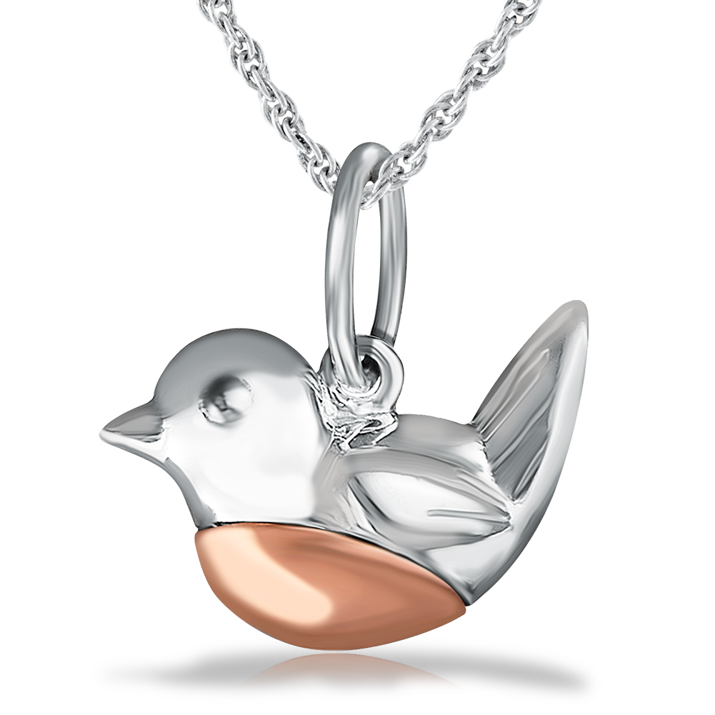 Robin Redbreast Necklace, Sterling Silver with Rose Gold Breast