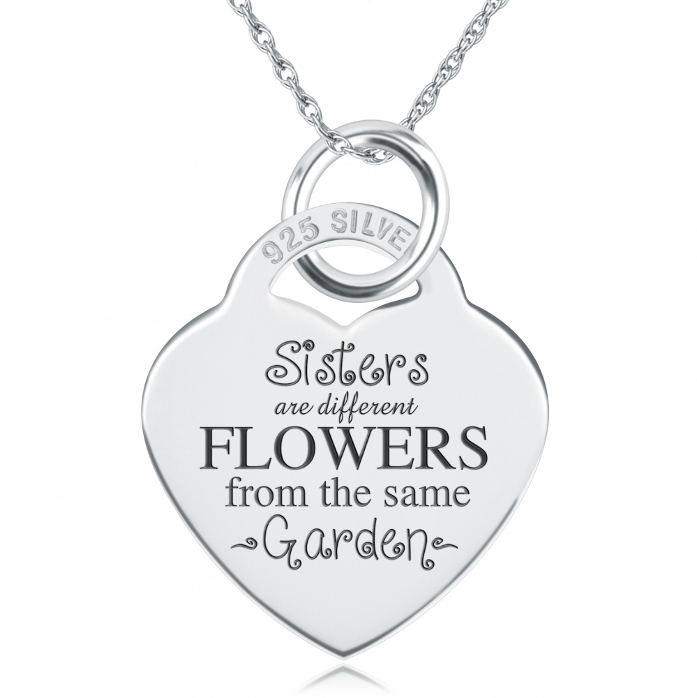 Sisters are Different Flowers Heart Shaped Sterling Silver Necklace (can be personalised)