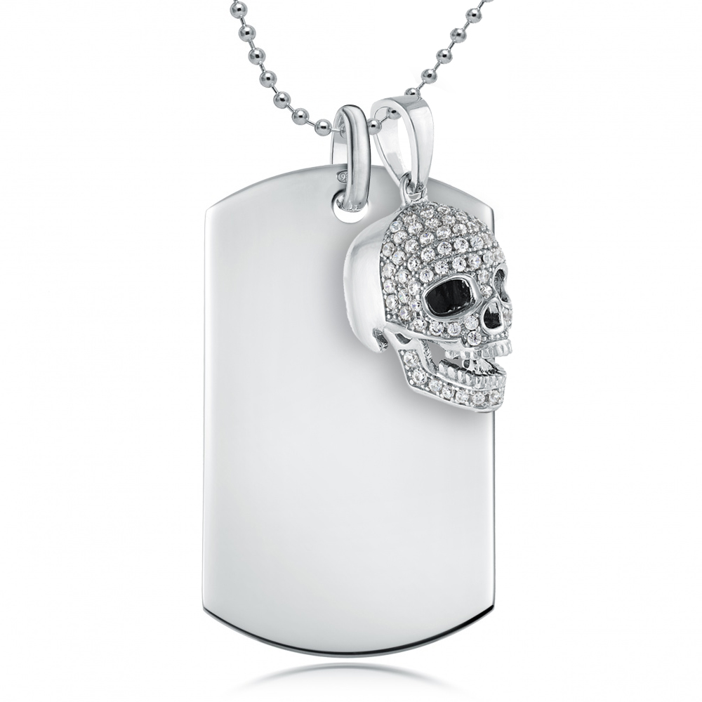 Skull and Dog Tag Necklace, with Personalised Engraving, 925 Sterling Silver, Men's or Women's
