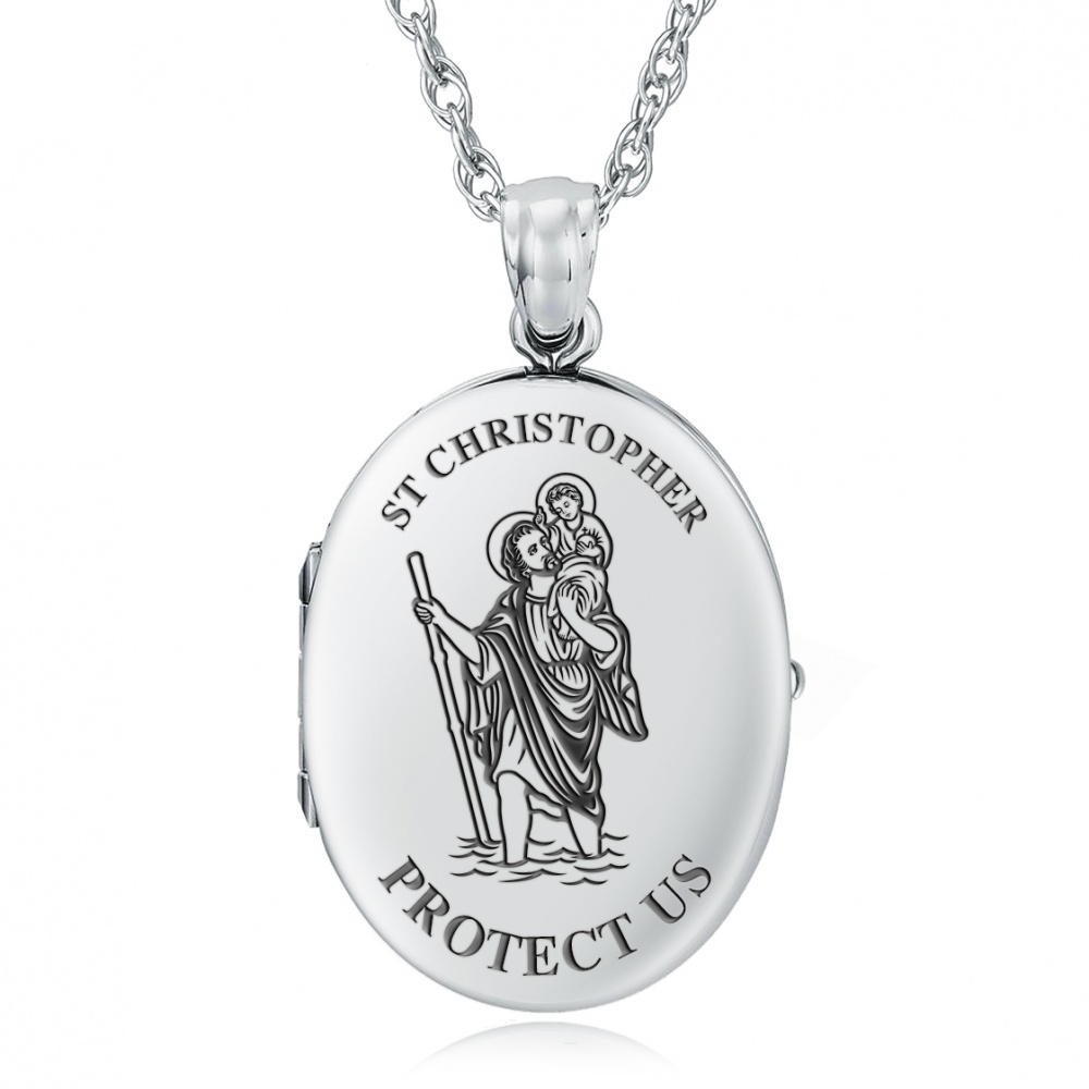 St Christopher Protect Us Locket, Personalised, 925 Sterling Silver