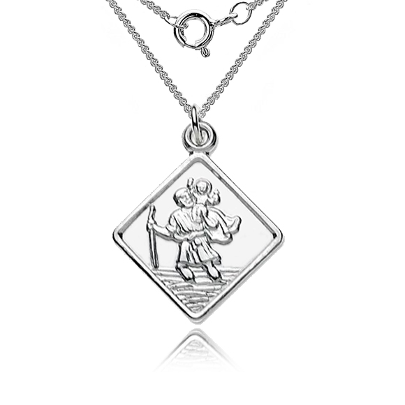 St Christopher Diamond Shaped Necklace, Personalised, Sterling Silver