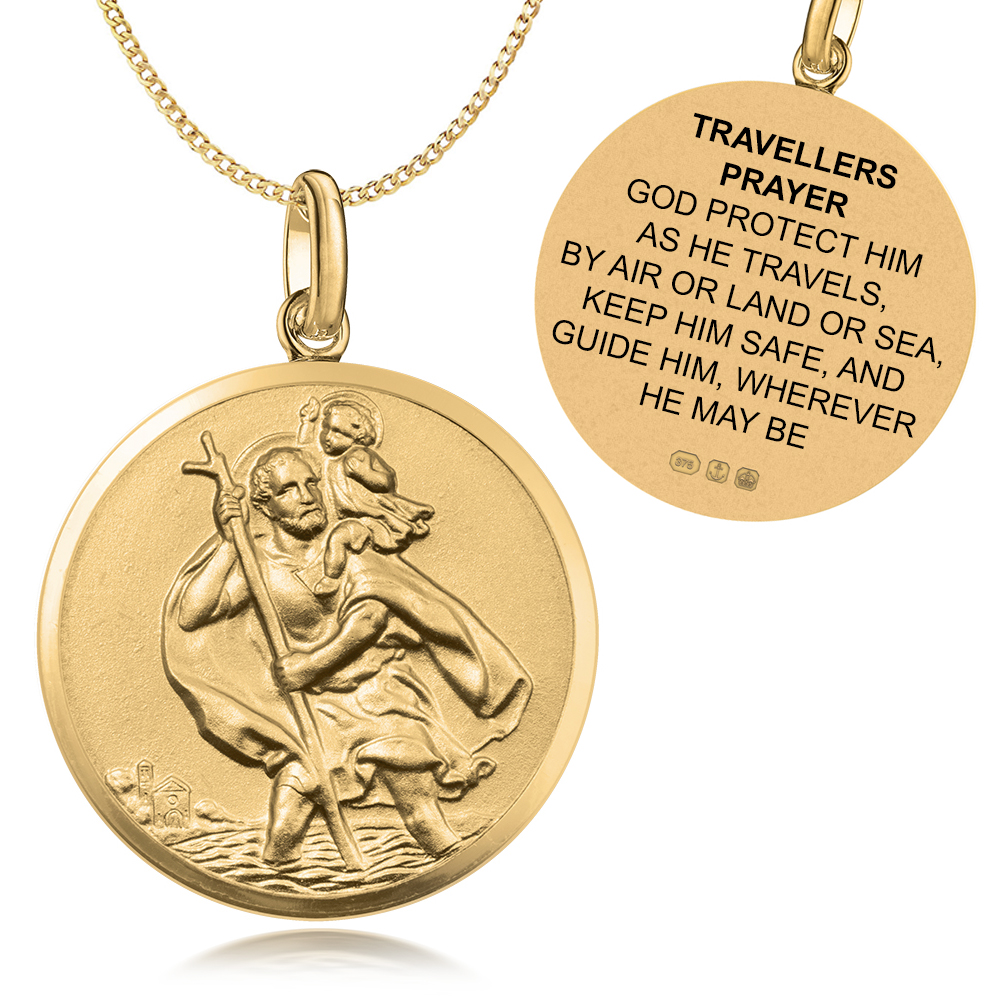 St Christopher Travellers Prayer 9ct Gold Antique Finish Necklace