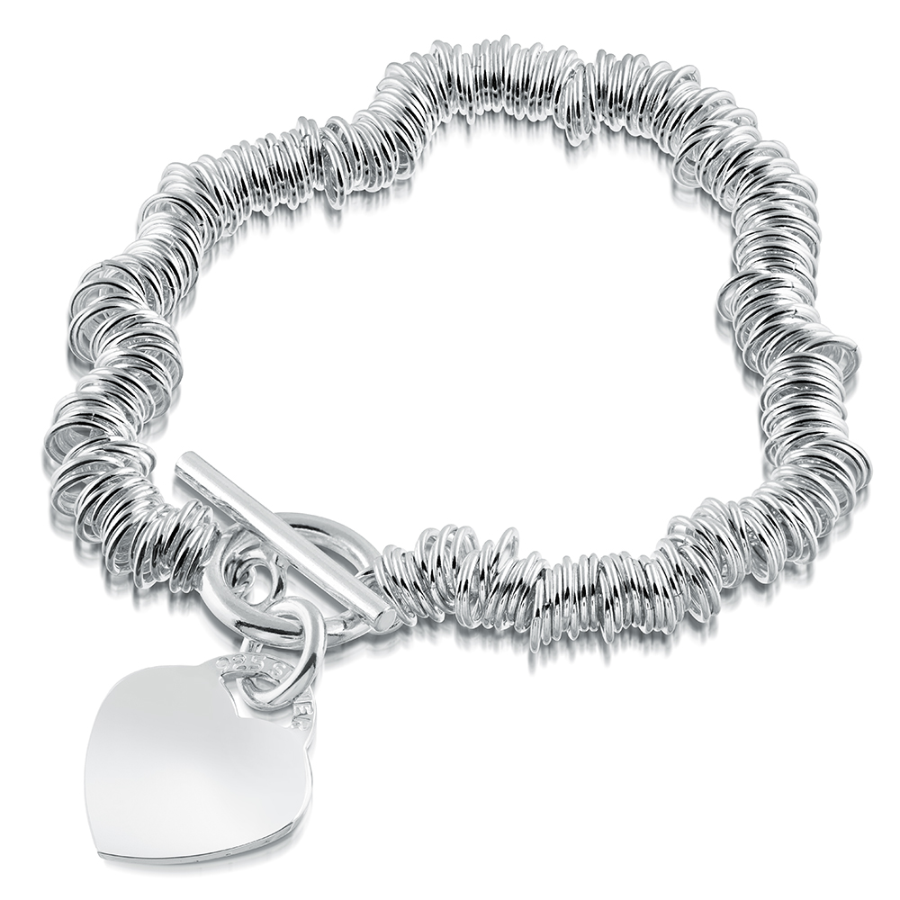 Ladies Sweetie/Link T-Bar Heart Bracelet, Free Engraving & Delivery, Sterling Silver