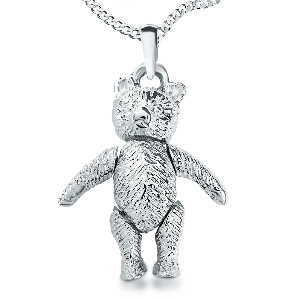 Textured Movable Teddy Bear Necklace, with Moving Arms & Legs Sterling Silver