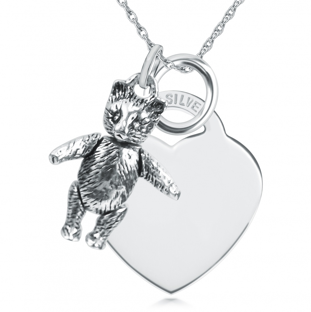 Moveable Teddy Bear & Heart Shaped Sterling Silver Necklace (can be personalised)