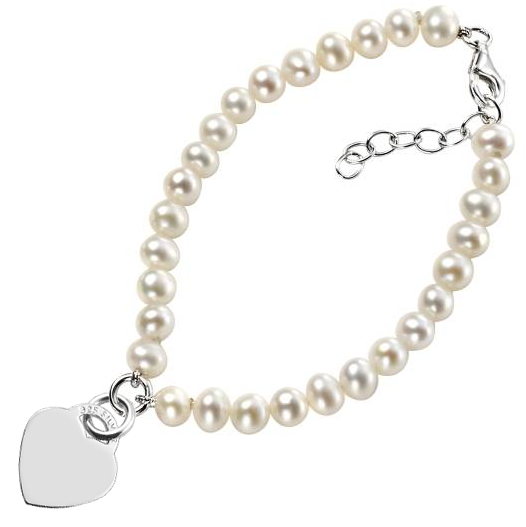 White Pearl Bracelet with Heart, Sterling Silver (Engraving Available)