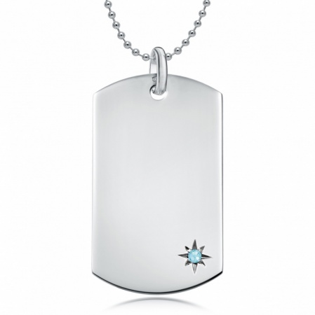 March Birthstone Dog Tag Necklace, Personalised Engraving, Sterling Silver, Aquamarine