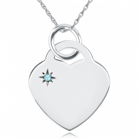 March Birthstone Heart Necklace, Personalised Engraving, Sterling Silver, Aquamarine