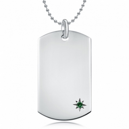 May Birthstone Dog Tag Necklace, Personalised Engraving, Sterling Silver, Emerald