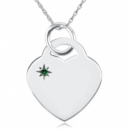 May Birthstone Heart Necklace, Personalised Engraving, Sterling Silver, Emerald