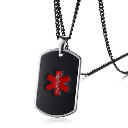 Medical Alert Dog Tag Necklace, Personalised, Black Enamel EMS
