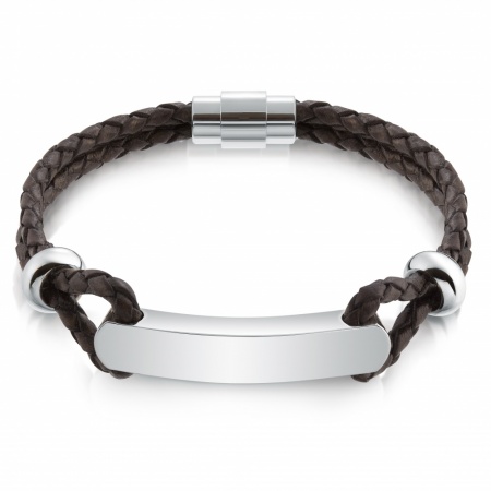 Men's Brown Leather ID Bracelet, Personalised, Stainless Steel