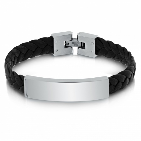 Mens Adjustable Plaited Black Leather & Stainless Steel ID Bracelet (can be personalised)