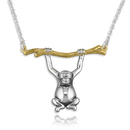 Monkey Swinging on Branch Necklace, 925 Sterling Silver with Gold Plating