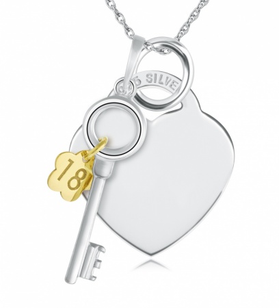 18th Birthday Key & Heart Necklace, Personalised, Sterling Silver