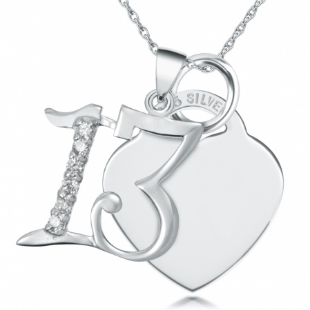 13th Birthday Heart with Cubic Zirconia Number 13 Necklace (can be personalised)