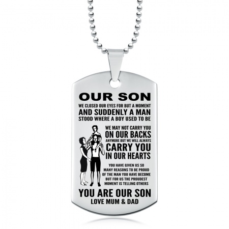 Our Son, Love Mum & Dad Dog Tag, Personalised, Stainless Steel