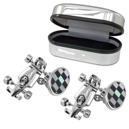 Racing Car Cufflinks with Chequered Flag, Personalised, Sterling Silver