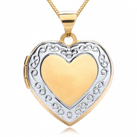 Scroll Border Heart Locket, Personalised, 9ct Yellow/White Gold