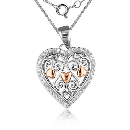 Filigree Heart Necklace, Sterling Silver, Rose Gold & Cubic Zirconia