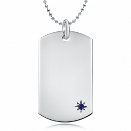 September Birthstone Dog Tag Necklace, Personalised Engraving, Sterling Silver, Sapphire