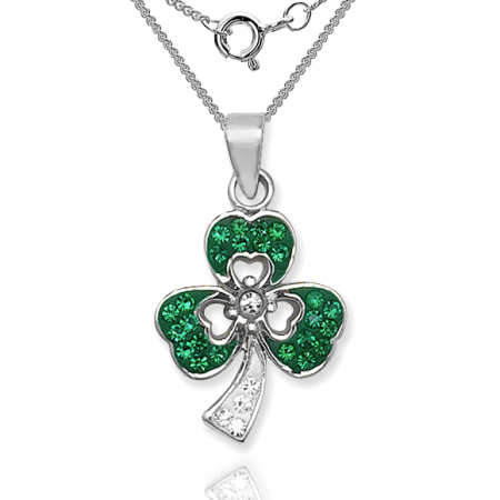 Shamrock Necklace, Green & White Crystal & Sterling Silver