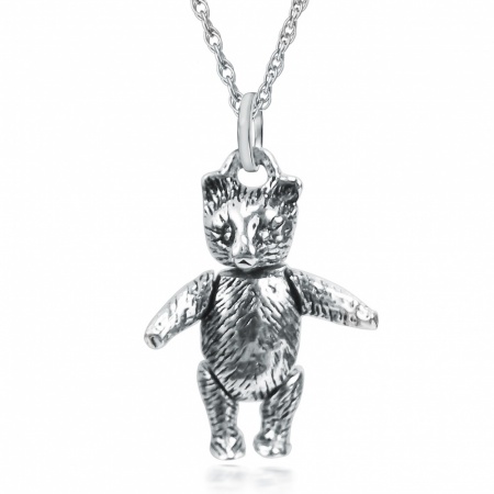 Textured Movable Teddy Bear Necklace, with Moving Arms & Legs Sterling Silver