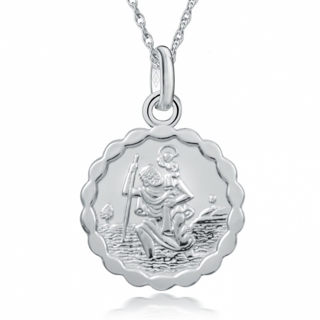 St Christopher Necklace Personalised, Scalloped Edge, Sterling Silver