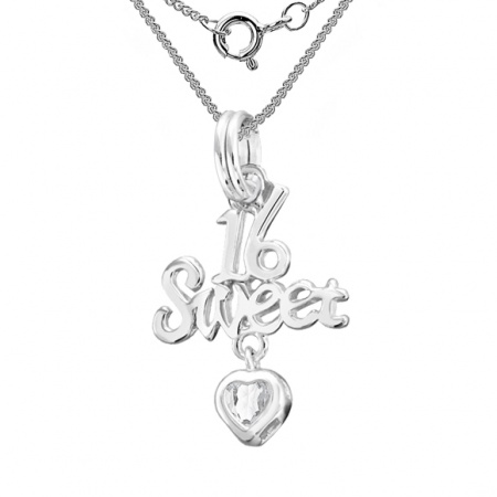 Sweet 16 Birthday Necklace, Cubic Zirconia Heart & Sterling Silver