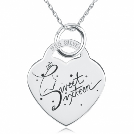 Sweet 16 Princess Crown Sterling Silver Heart Necklace (can be personalised)