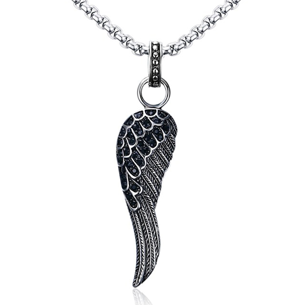 Wing Necklace, with Personalisation, Black Cubic Zirconia, Mens or Ladies